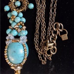 Anthropologie Pam Hiran Turquoise Brass 17” Long Statement Necklace Like New!!!